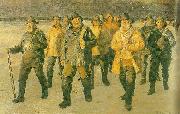Michael Ancher fiskere vender hjem fra nordstranden i aftensol oil on canvas